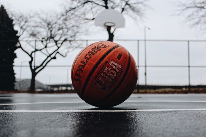 a basketball on an outdoor court