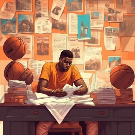 an illustration of a basketball player reading vertical jump program printouts